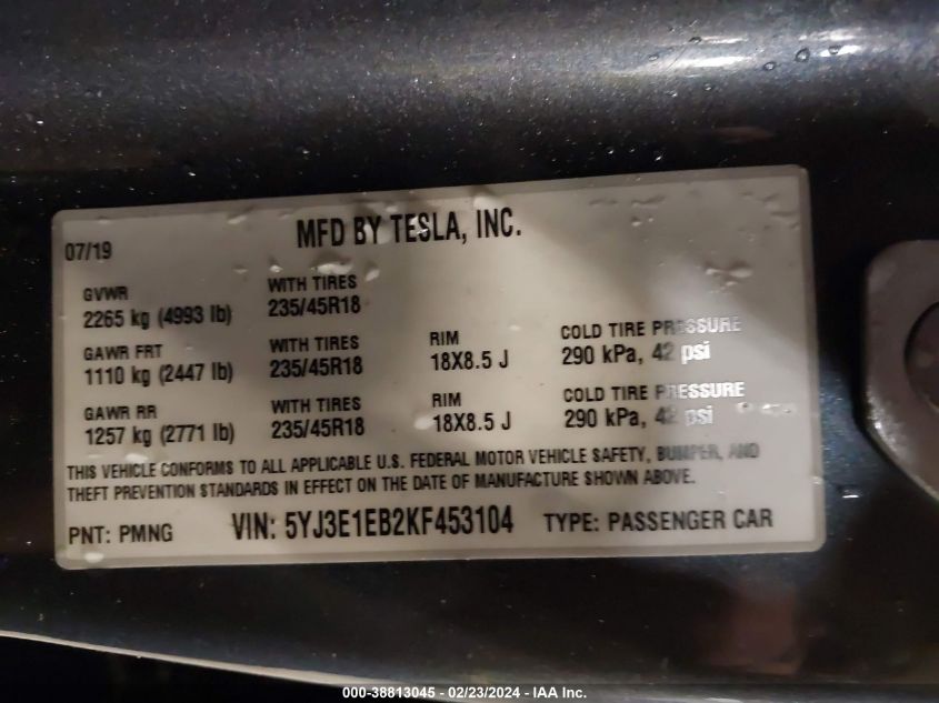 5YJ3E1EB2KF453104 2019 Tesla Model 3 Long Range/Performance