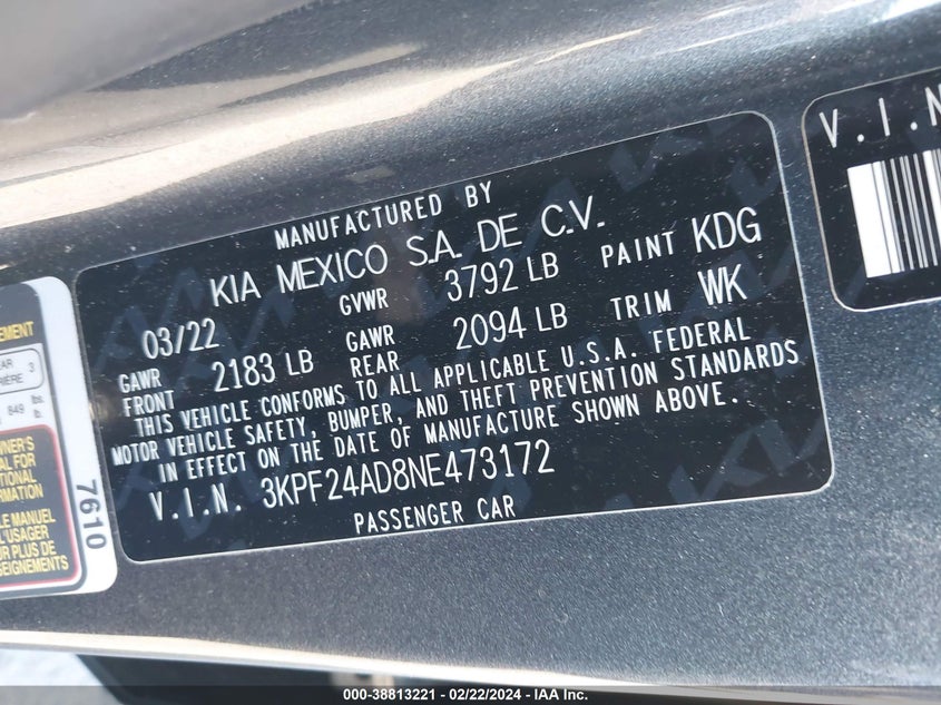 2022 KIA FORTE FE/LXS - 3KPF24AD8NE473172