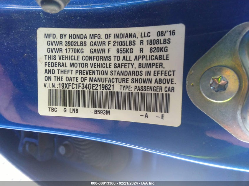 2016 HONDA CIVIC EX - 19XFC1F34GE219621