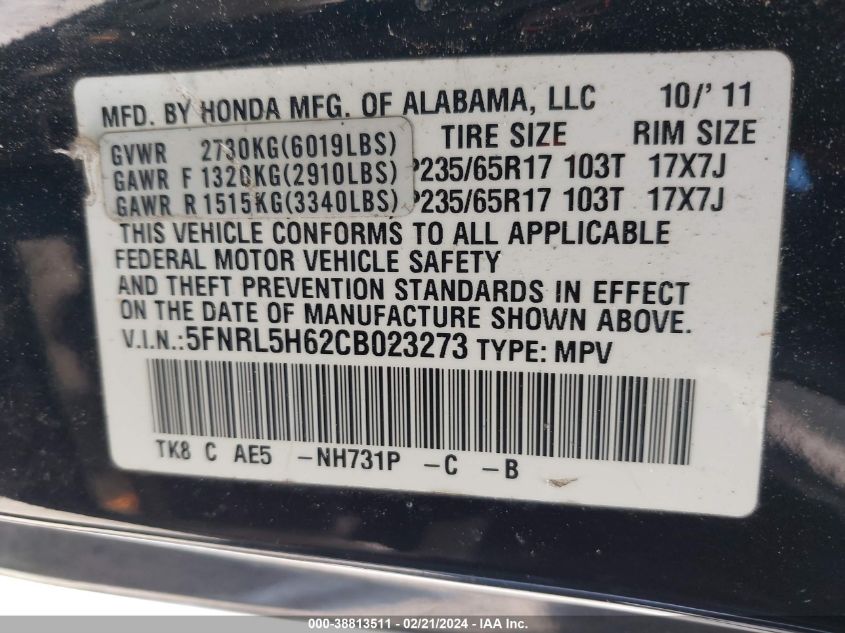 2012 Honda Odyssey Ex-L VIN: 5FNRL5H62CB023273 Lot: 40527452