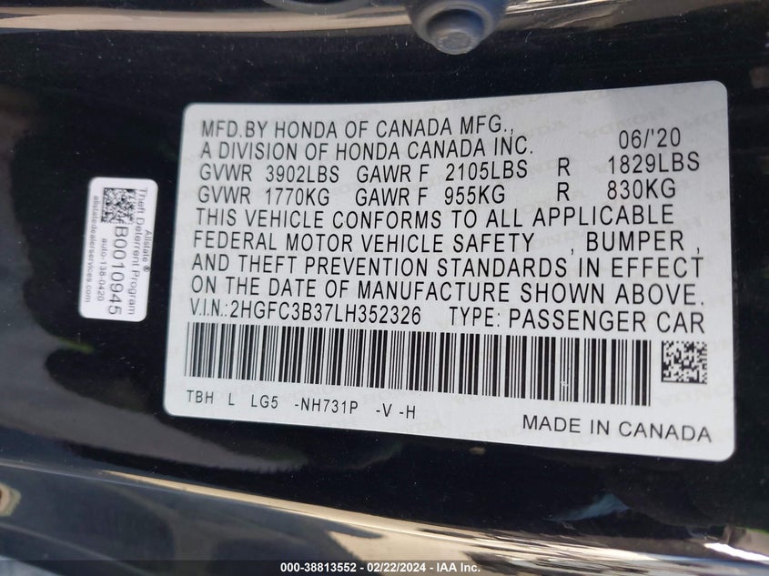 VIN 2HGFC3B37LH352326 2020 HONDA CIVIC EX