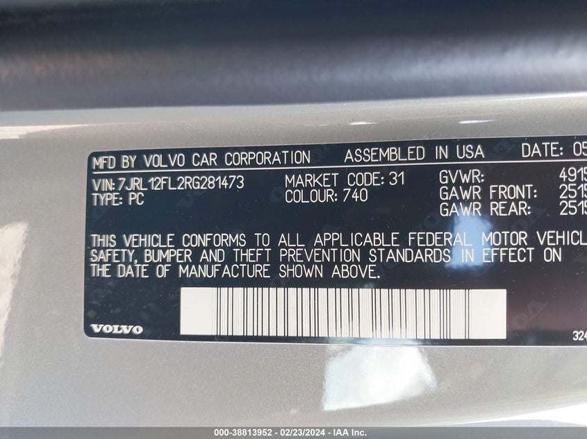 2024 VOLVO S60 2.0L I4   N(VIN: 7JRL12FL2RG281473