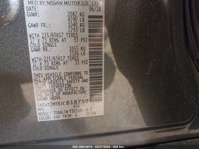 VIN 5N1AT2MT8JC818759 2018 NISSAN ROGUE SV