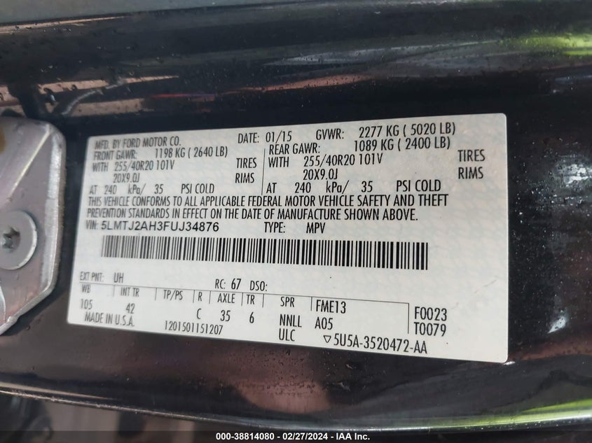 2015 LINCOLN MKC - 5LMTJ2AH3FUJ34876