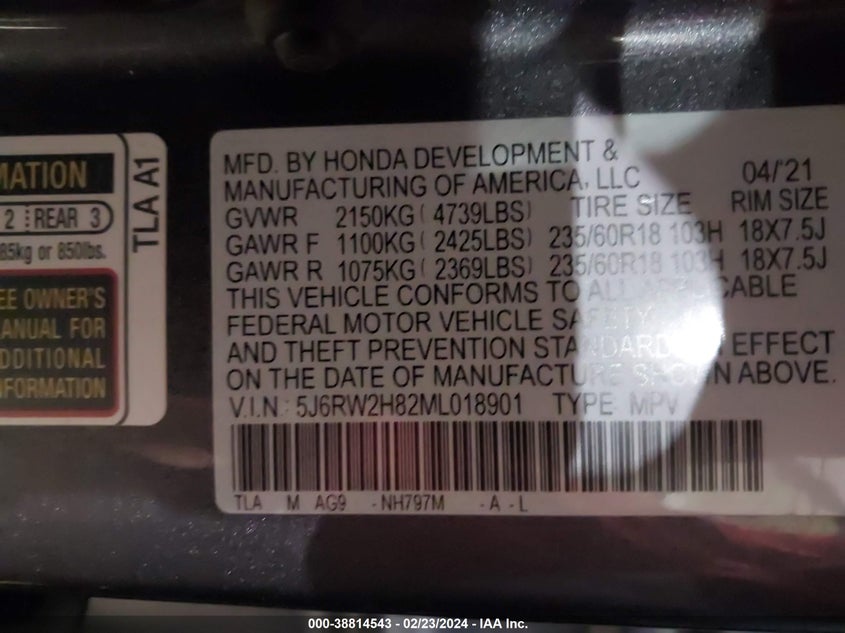 2021 HONDA CR-V AWD EX-L - 5J6RW2H82ML018901