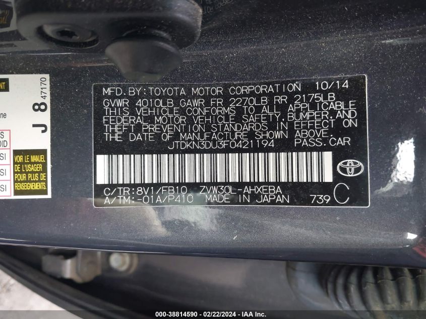 2015 Toyota Prius Three VIN: JTDKN3DU3F0421194 Lot: 38814590