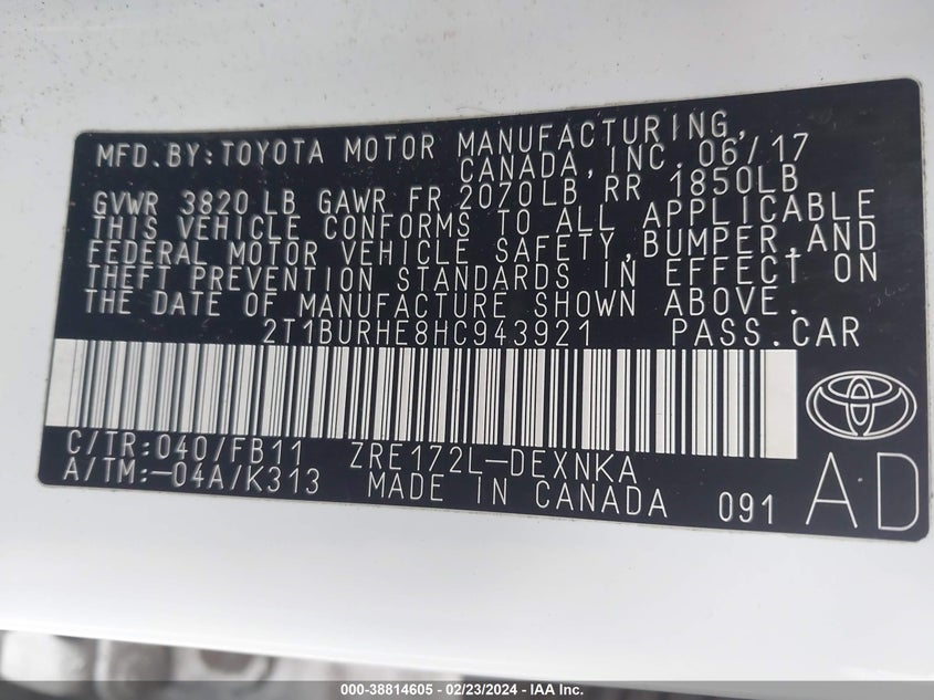 VIN 2T1BURHE8HC943921 2017 TOYOTA COROLLA LE