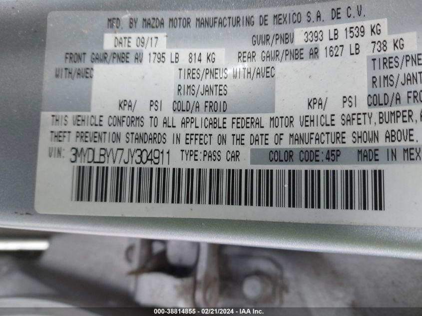 2018 Toyota Yaris Ia VIN: 3MYDLBYV7JY304911 Lot: 38814855