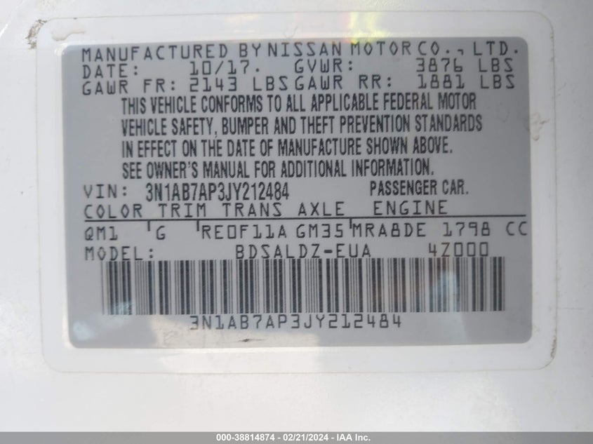 VIN 3N1AB7AP3JY212484 2018 NISSAN SENTRA SV