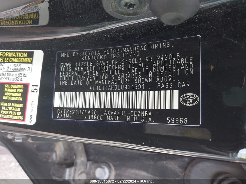 2020 TOYOTA CAMRY LE - 4T1C11AK3LU931391