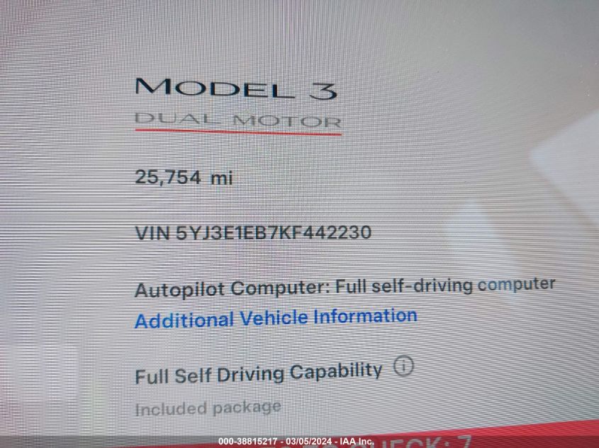 2019 Tesla Model 3 Long Range/Performance VIN: 5YJ3E1EB7KF442230 Lot: 38815217