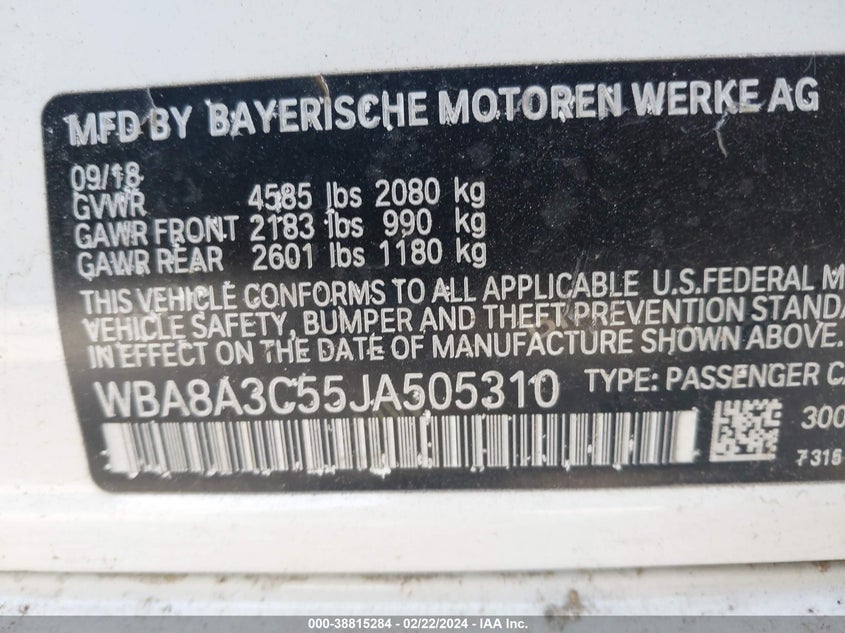 2018 BMW 320I VIN: WBA8A3C55JA505310
