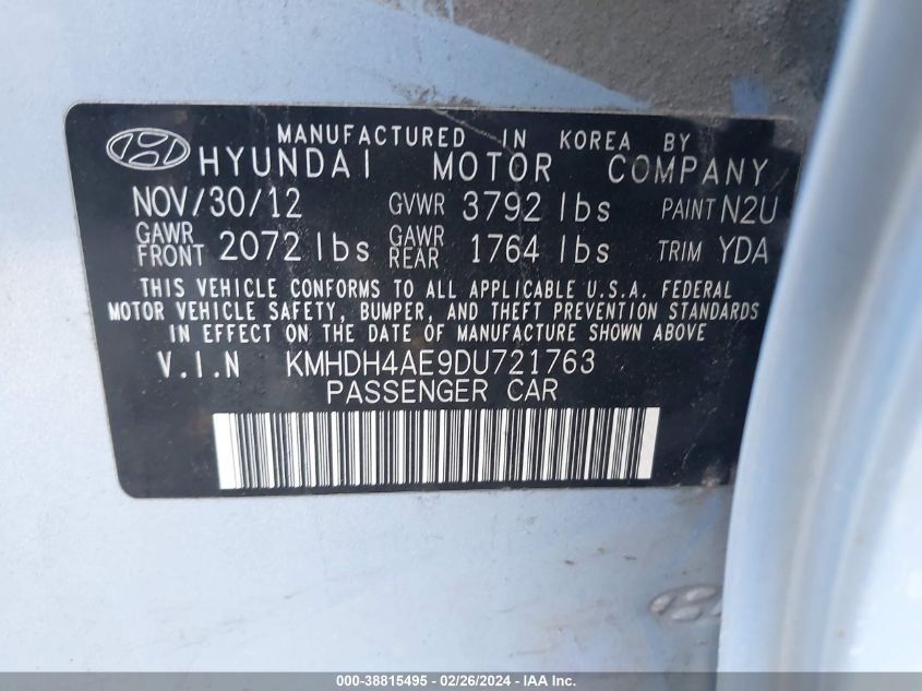 2013 Hyundai Elantra Gls (Ulsan Plant) VIN: KMHDH4AE9DU721763 Lot: 38815495