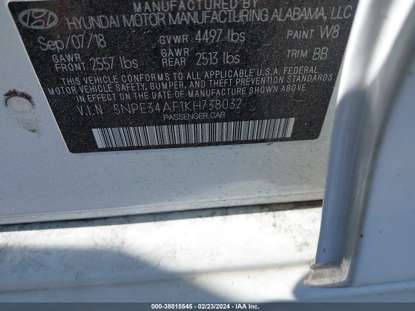 VIN 5NPE34AF1KH738032 2019 HYUNDAI SONATA LIMITED