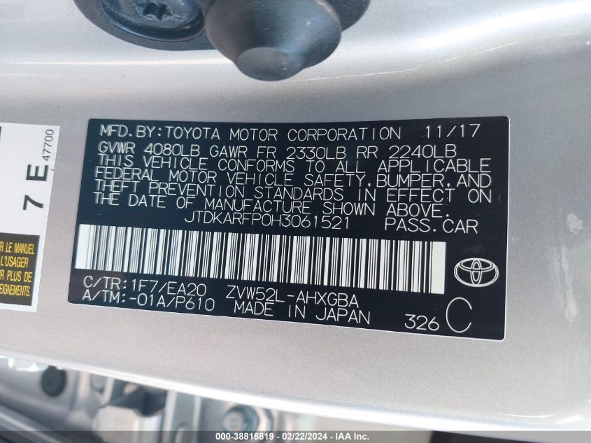 2017 Toyota Prius Prime VIN: JTDKARFP0H3061521 Lot: 38815819