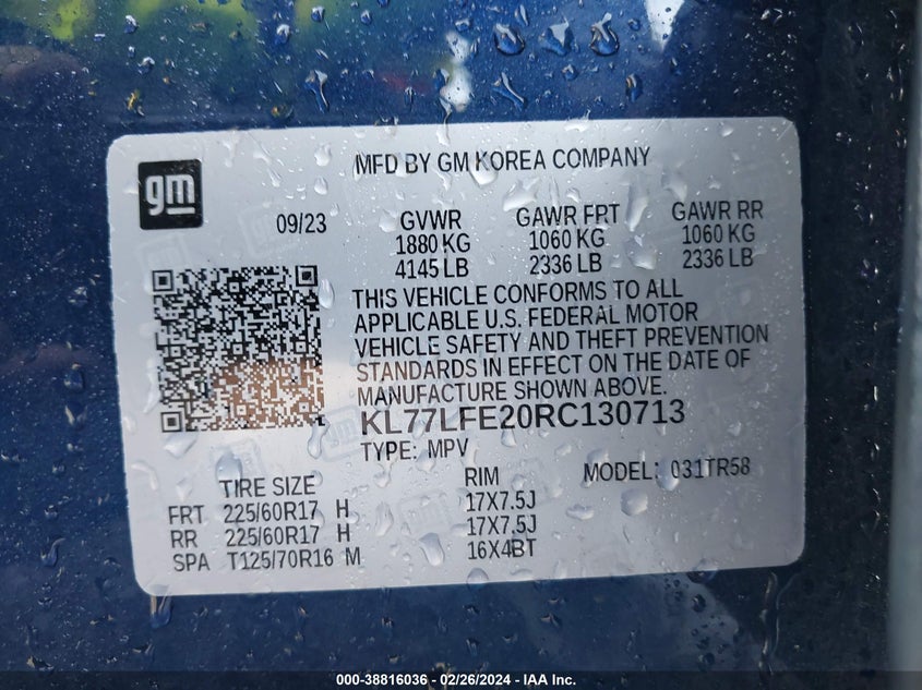 VIN KL77LFE20RC130713 2024 CHEVROLET TRAX FWD SP