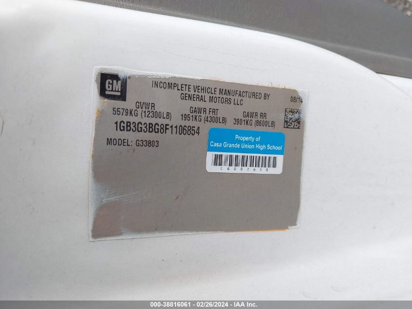 2015 Chevrolet Express Cutaway 3500 VIN: 1GB3G3BG8F1106854 Lot: 38816061