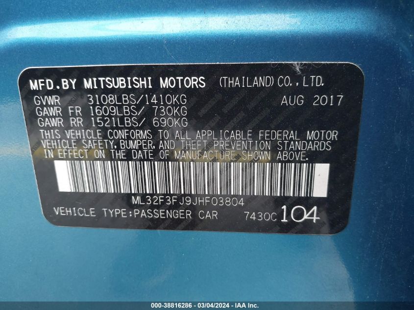 2018 Mitsubishi Mirage G4 Es VIN: ML32F3FJ9JHF03804 Lot: 38816286