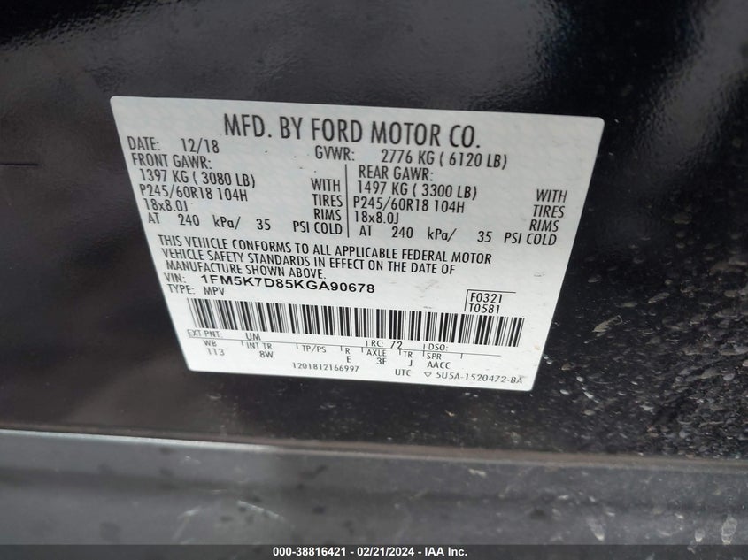 VIN 1FM5K7D85KGA90678 2019 FORD EXPLORER XLT