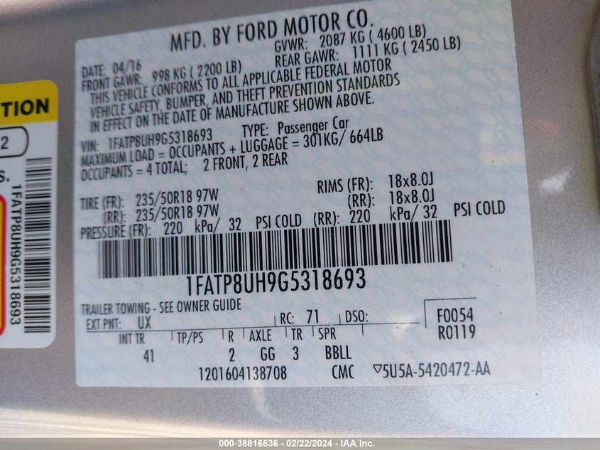 2016 FORD MUSTANG ECOBOOST PREMIUM - 1FATP8UH9G5318693