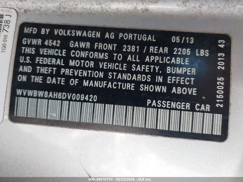 2013 VOLKSWAGEN EOS SPORT - WVWBW8AH6DV009420