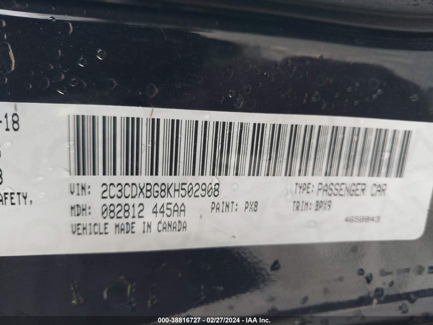 VIN 2C3CDXBG8KH502908 2019 DODGE CHARGER SXT RWD