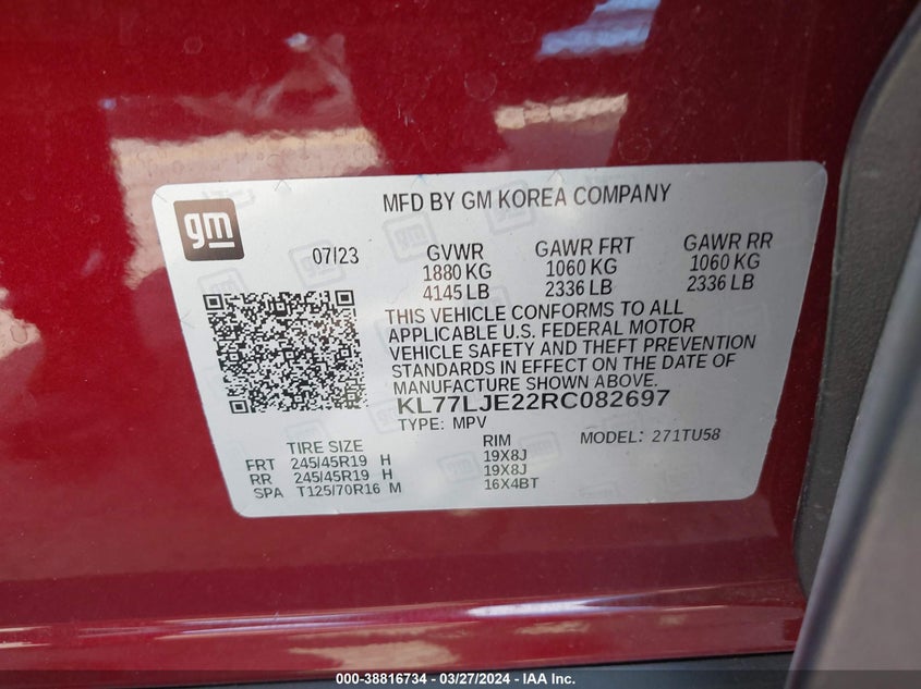 VIN KL77LJE22RC082697 2024 CHEVROLET TRAX FWD 2RS