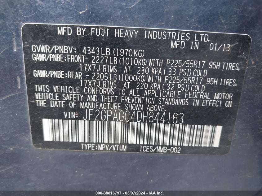 2013 SUBARU XV CROSSTREK 2.0I LIMITED - JF2GPAGC4DH844163