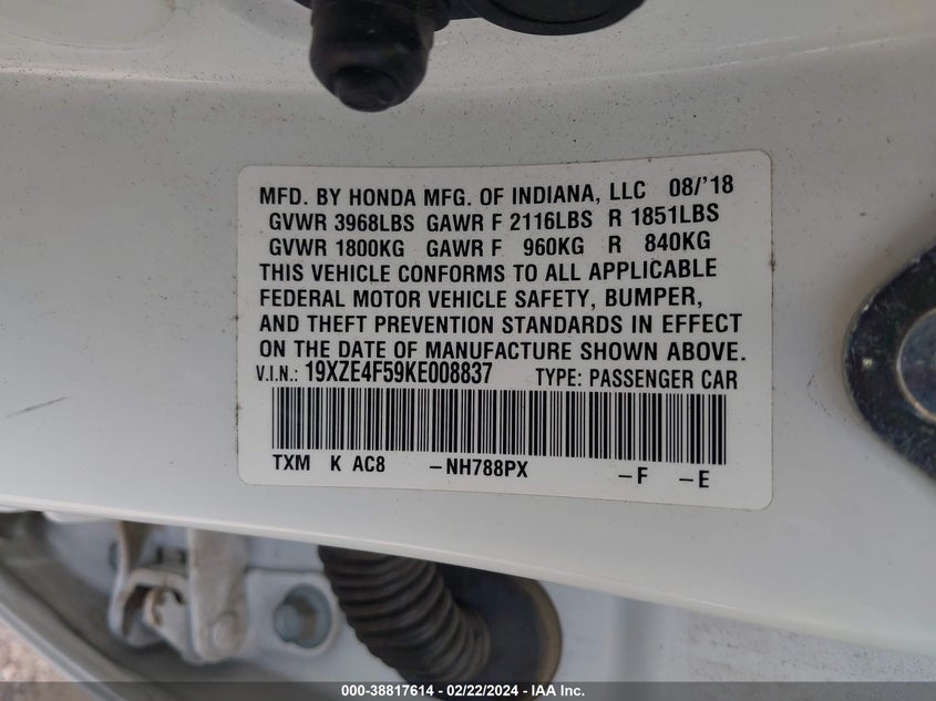 2019 HONDA INSIGHT EX - 19XZE4F59KE008837