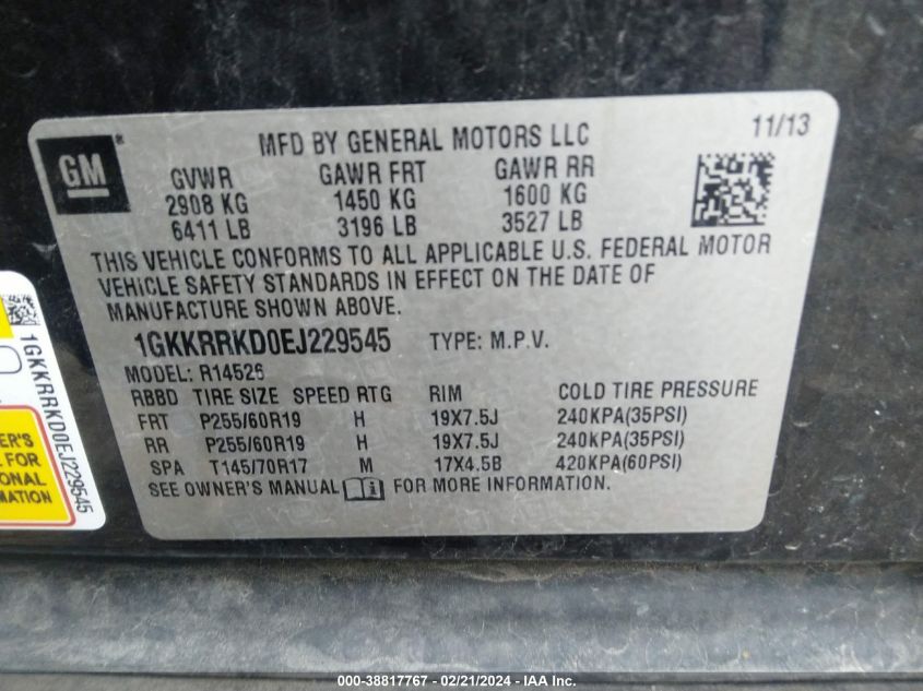 1GKKRRKD0EJ229545 2014 GMC Acadia Slt-1