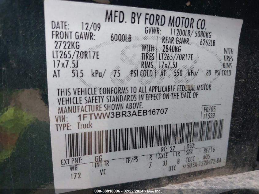 2010 Ford F-350 Cabela's/Harley-Davidson/King Ranch/Lariat/Xl/Xlt VIN: 1FTWW3BR3AEB16707 Lot: 38818096