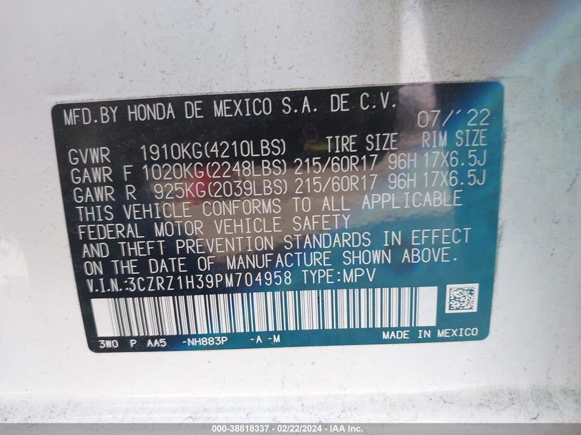VIN 3CZRZ1H39PM704958 2023 HONDA HR-V LX