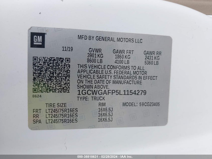 2020 CHEVROLET EXPRESS CARGO RWD 2500 REGULAR WHEELBASE WT - 1GCWGAFP5L1154279