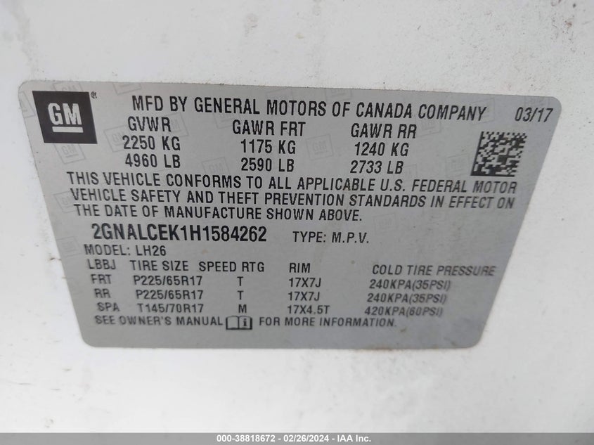 VIN 2GNALCEK1H1584262 2017 CHEVROLET EQUINOX LT