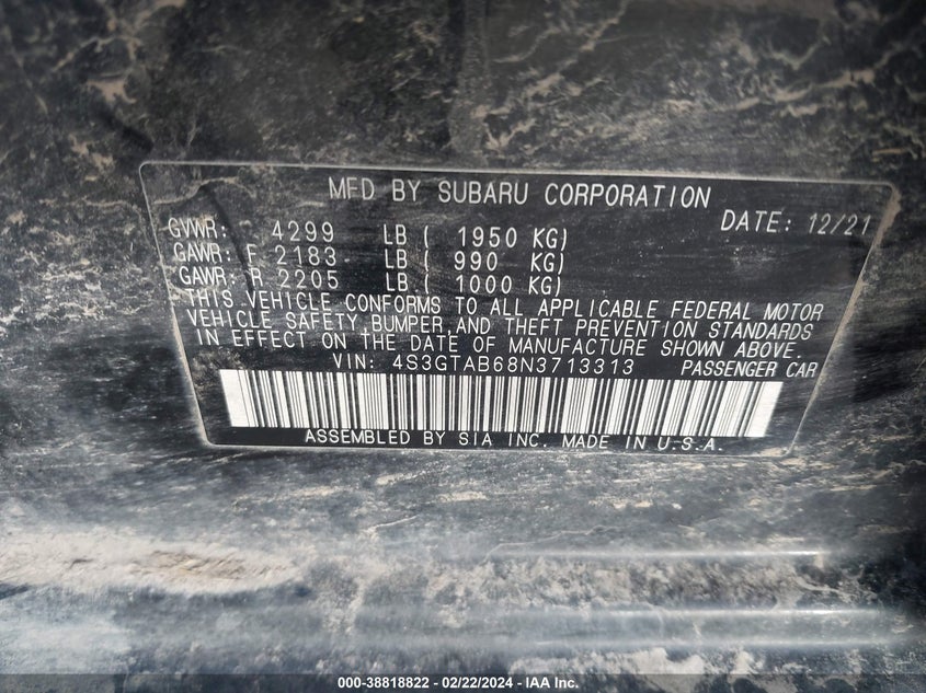 2022 SUBARU IMPREZA BASE 5-DOOR - 4S3GTAB68N3713313