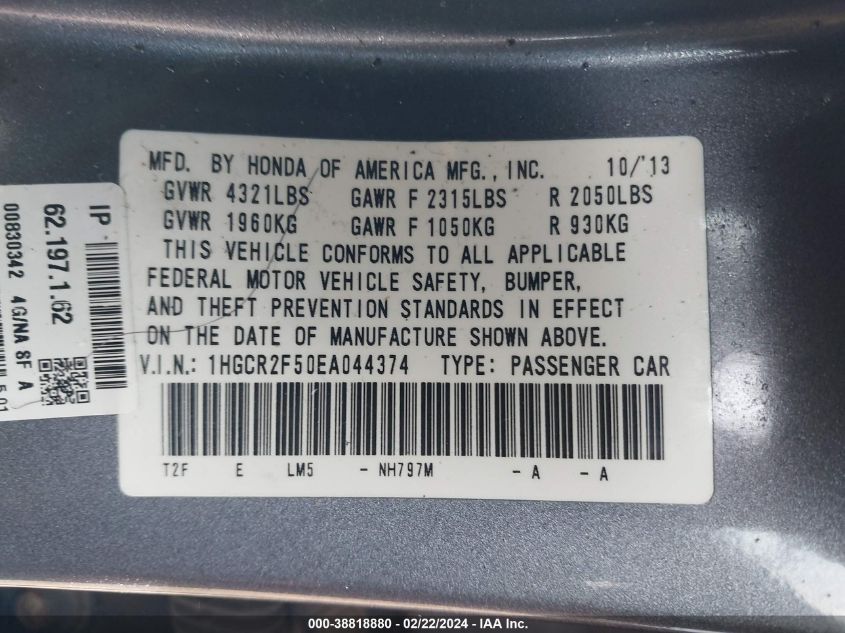 2014 Honda Accord Sport VIN: 1HGCR2F50EA044374 Lot: 38818880