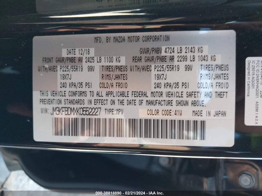 VIN JM3KFBDMXK0552227 2019 MAZDA CX-5 GRAND TOURING