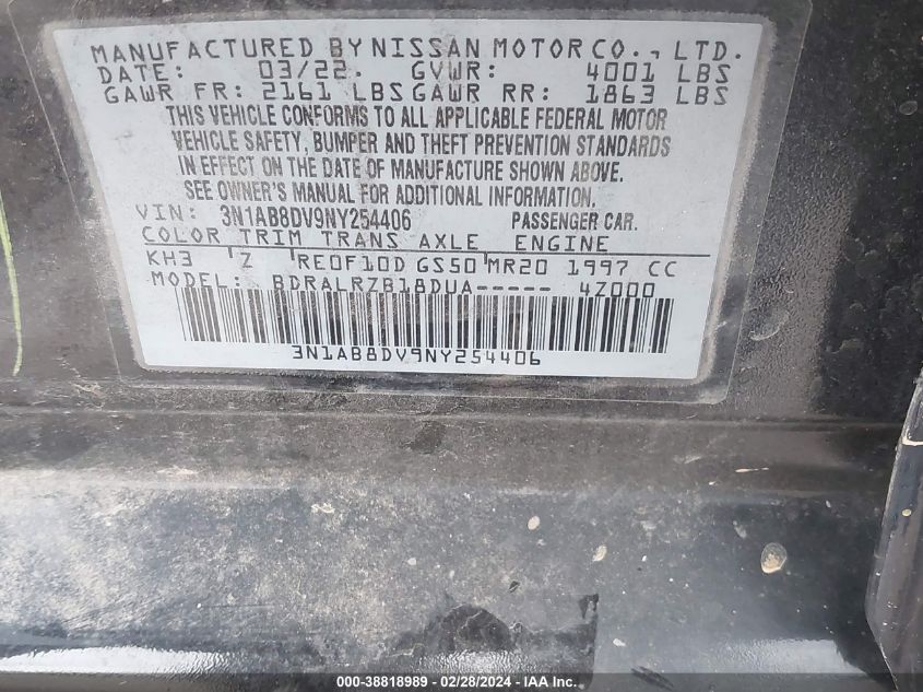 2022 Nissan Sentra Sr Xtronic Cvt VIN: 3N1AB8DV9NY254406 Lot: 38818989