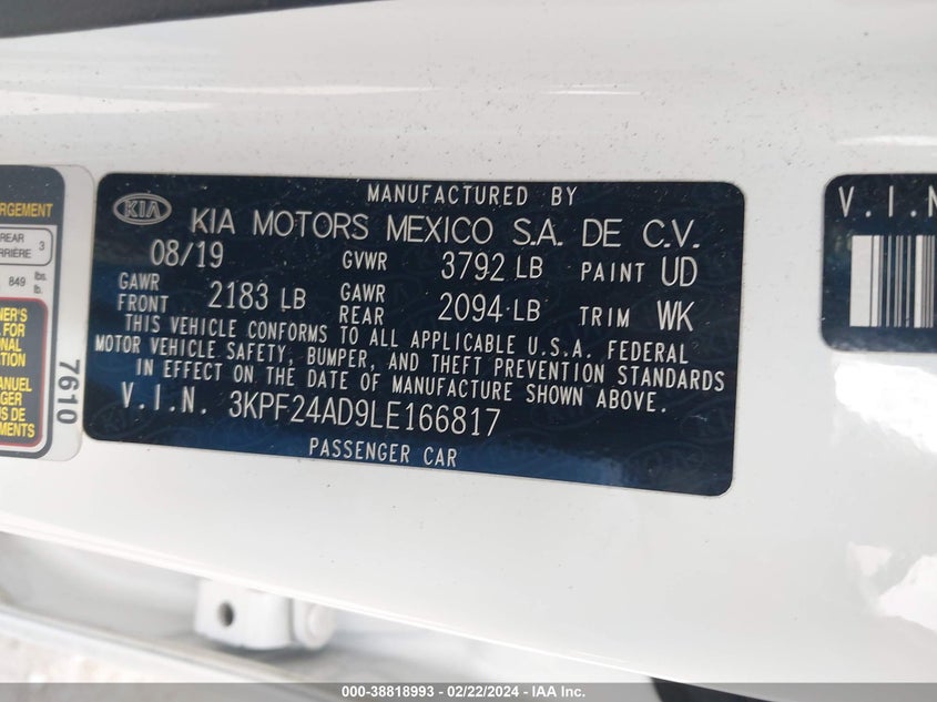 VIN 3KPF24AD9LE166817 2020 KIA FORTE FE/LXS