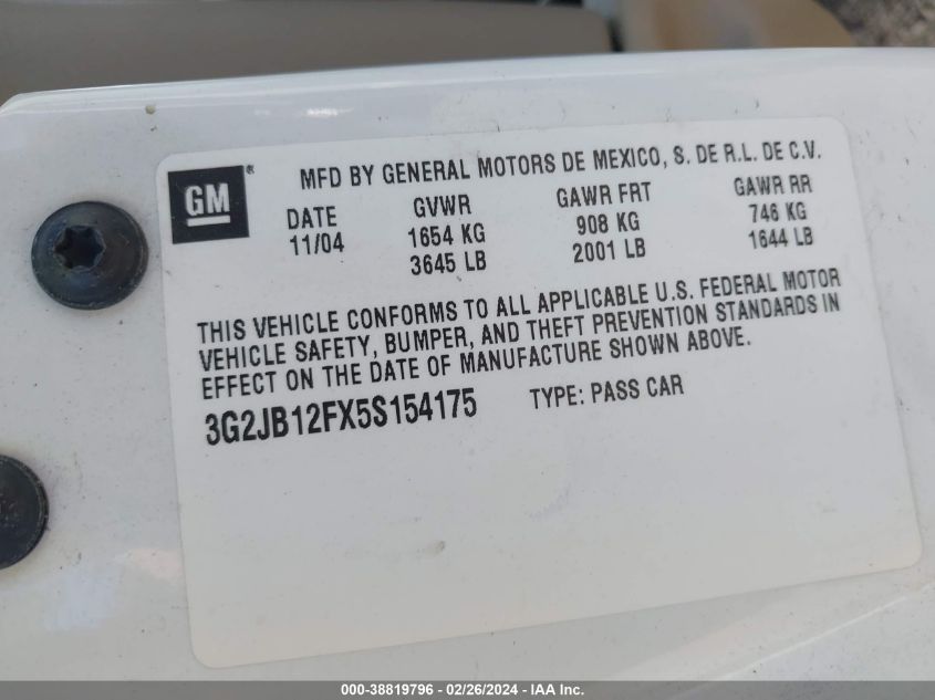 2005 Pontiac Sunfire VIN: 3G2JB12FX5S154175 Lot: 38819796