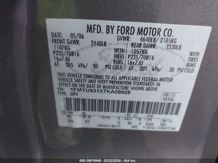 2007 Ford Escape Xlt/Xlt Sport VIN: 1FMYU931X7KA09928 Lot: 38819940