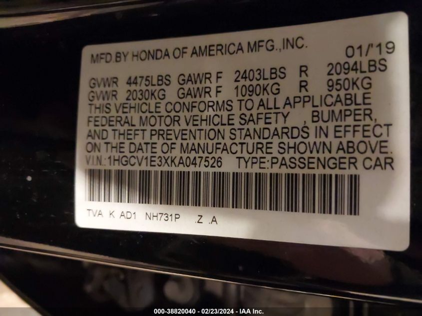 2019 Honda Accord Sport VIN: 1HGCV1E3XKA047526 Lot: 38820040