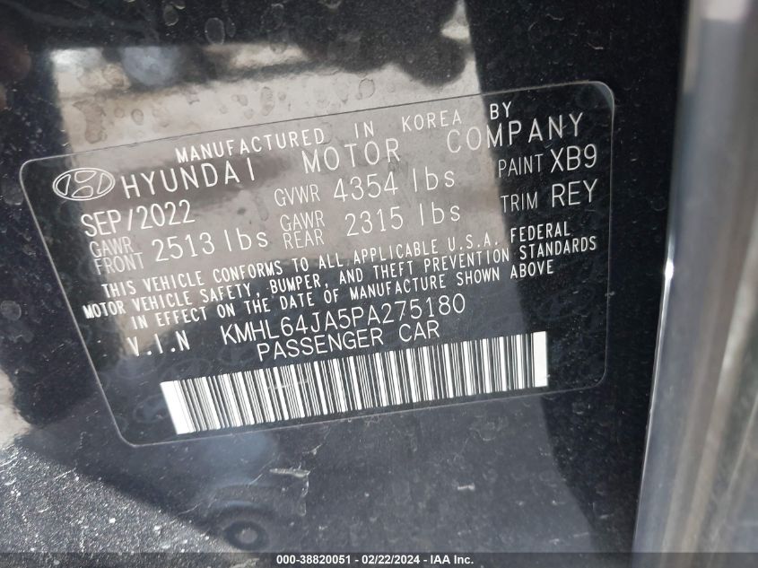 2023 Hyundai Sonata Sel VIN: KMHL64JA5PA275180 Lot: 38820051