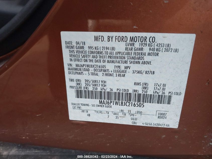 2018 Ford Ecosport Titanium VIN: MAJ6P1WL8JC216505 Lot: 38820343