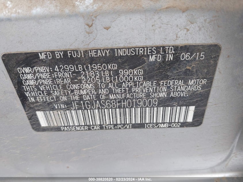 2015 SUBARU IMPREZA 2.0I LIMITED - JF1GJAS68FH019009