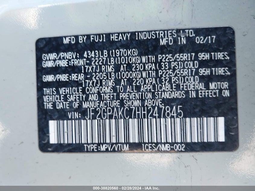 VIN JF2GPAKC7HH247845 2017 SUBARU CROSSTREK 2.0I LIMITED