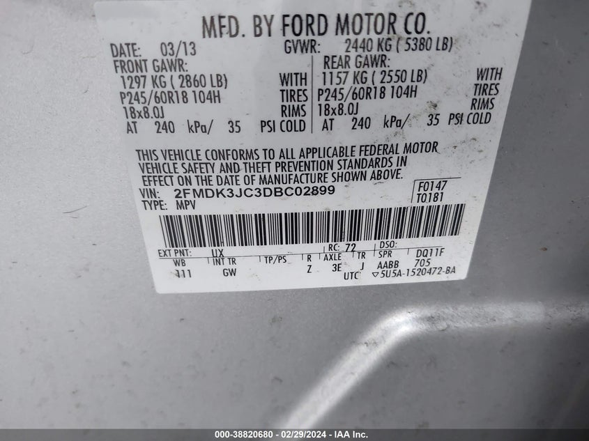 2013 Ford Edge Sel VIN: 2FMDK3JC3DBC02899 Lot: 38820680