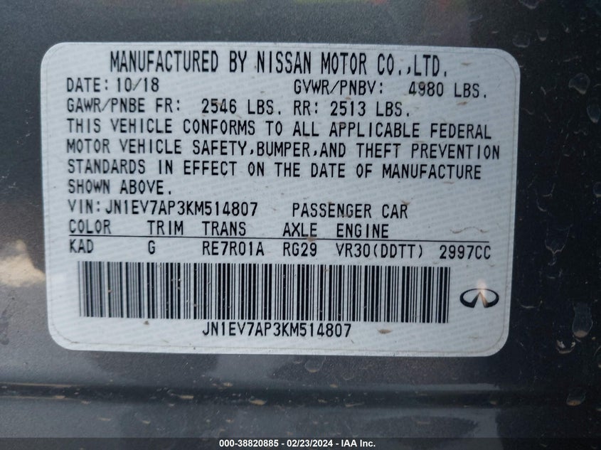 2019 INFINITI Q50 3.0T SPORT - JN1EV7AP3KM514807