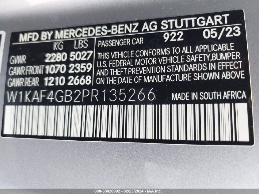 2023 MERCEDES-BENZ C 2.0L I4 N , VIN: W1KAF4GB2PR135266