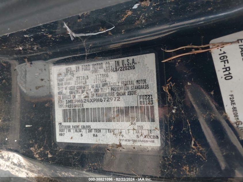 1993 Mercury Cougar Xr7 VIN: 1MEPM624XPH672972 Lot: 38821096